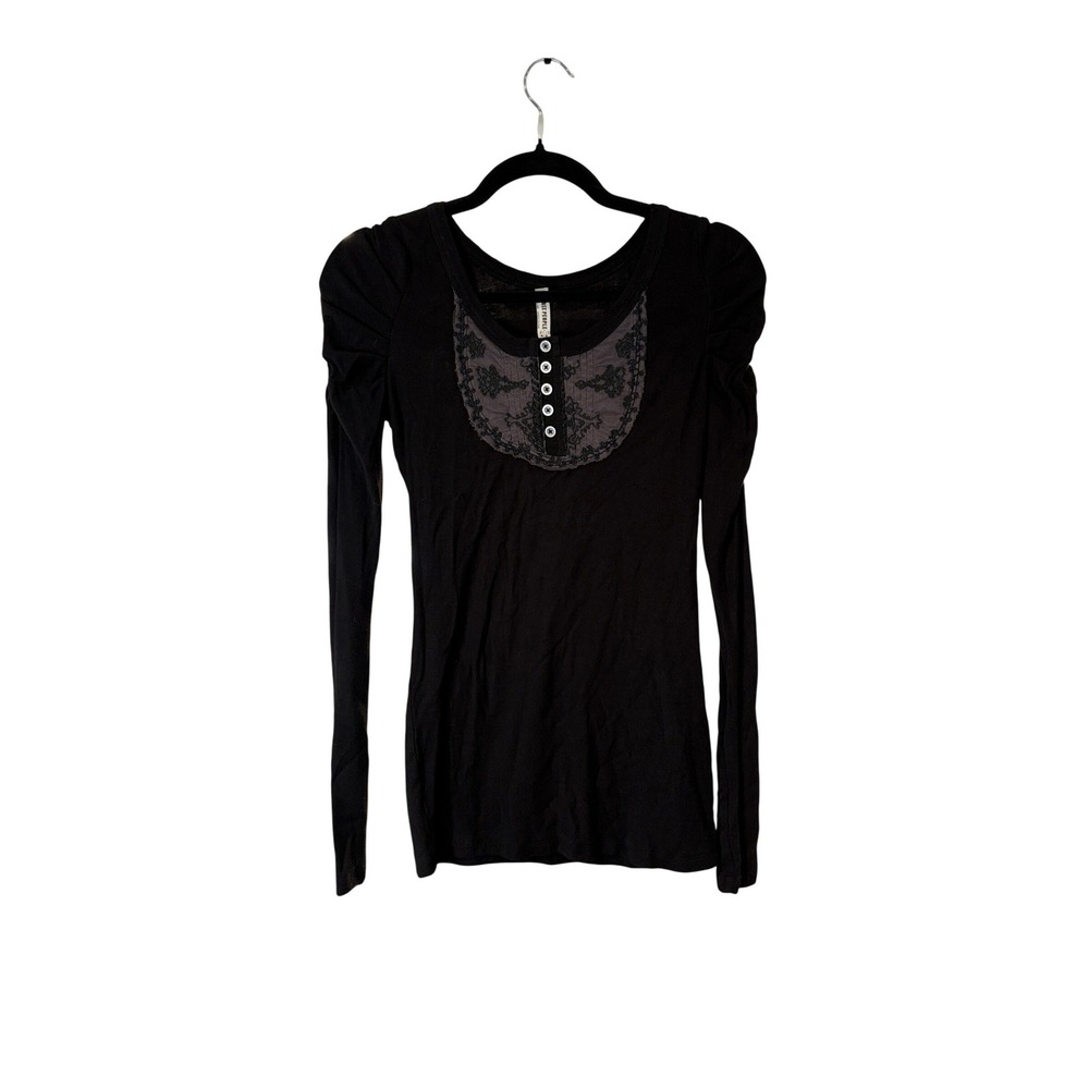 Free People Black Henley Top Womens Medium Lace Bib Puff Sleeve Boho Embroidered
